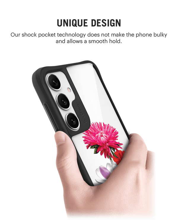 Clear Pink Red & White Flowers Black Hybrid Clear Case Cover For Samsung Galaxy S24