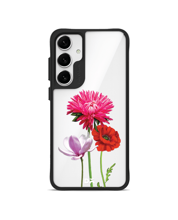 Clear Pink Red & White Flowers Black Hybrid Clear Case Cover For Samsung Galaxy S24 Plus