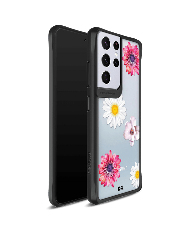DailyObjects Clear Multicoloured Flowers Black Hybrid Clear Case Cover For Samsung Galaxy S21 Ultra