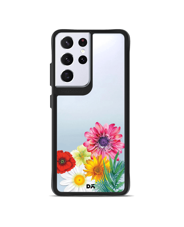 DailyObjects Clear Pink & Yellow Flowers Black Hybrid Clear Case Cover For Samsung Galaxy S21 Ultra