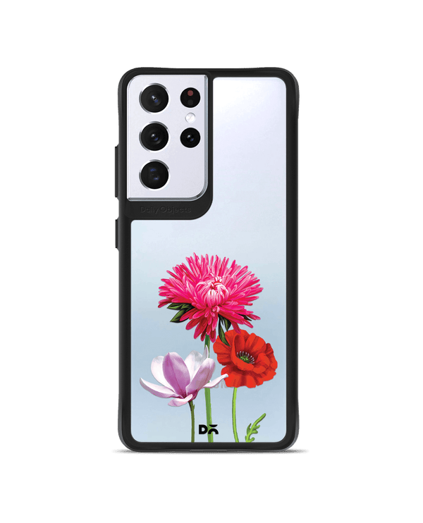 DailyObjects Clear Pink Red & White Flowers Black Hybrid Clear Case Cover For Samsung Galaxy S21 Ultra