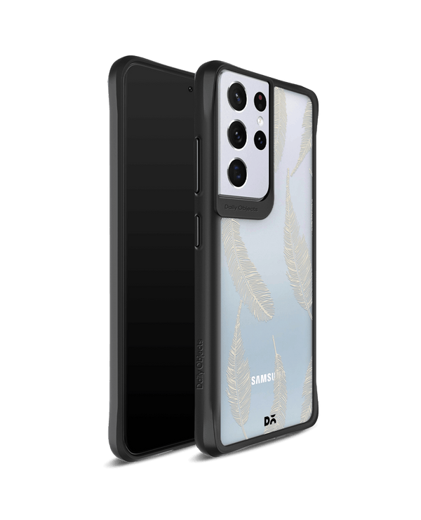 DailyObjects Off White Feathers Black Hybrid Clear Case Cover For Samsung Galaxy S21 Ultra