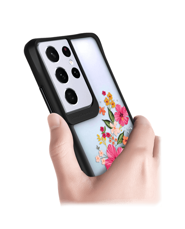 DailyObjects Pink Hibiscus Black Hybrid Clear Case Cover For Samsung Galaxy S21 Ultra