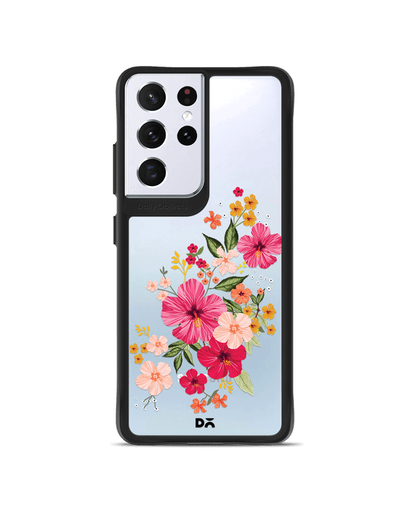 DailyObjects Pink Hibiscus Black Hybrid Clear Case Cover For Samsung Galaxy S21 Ultra